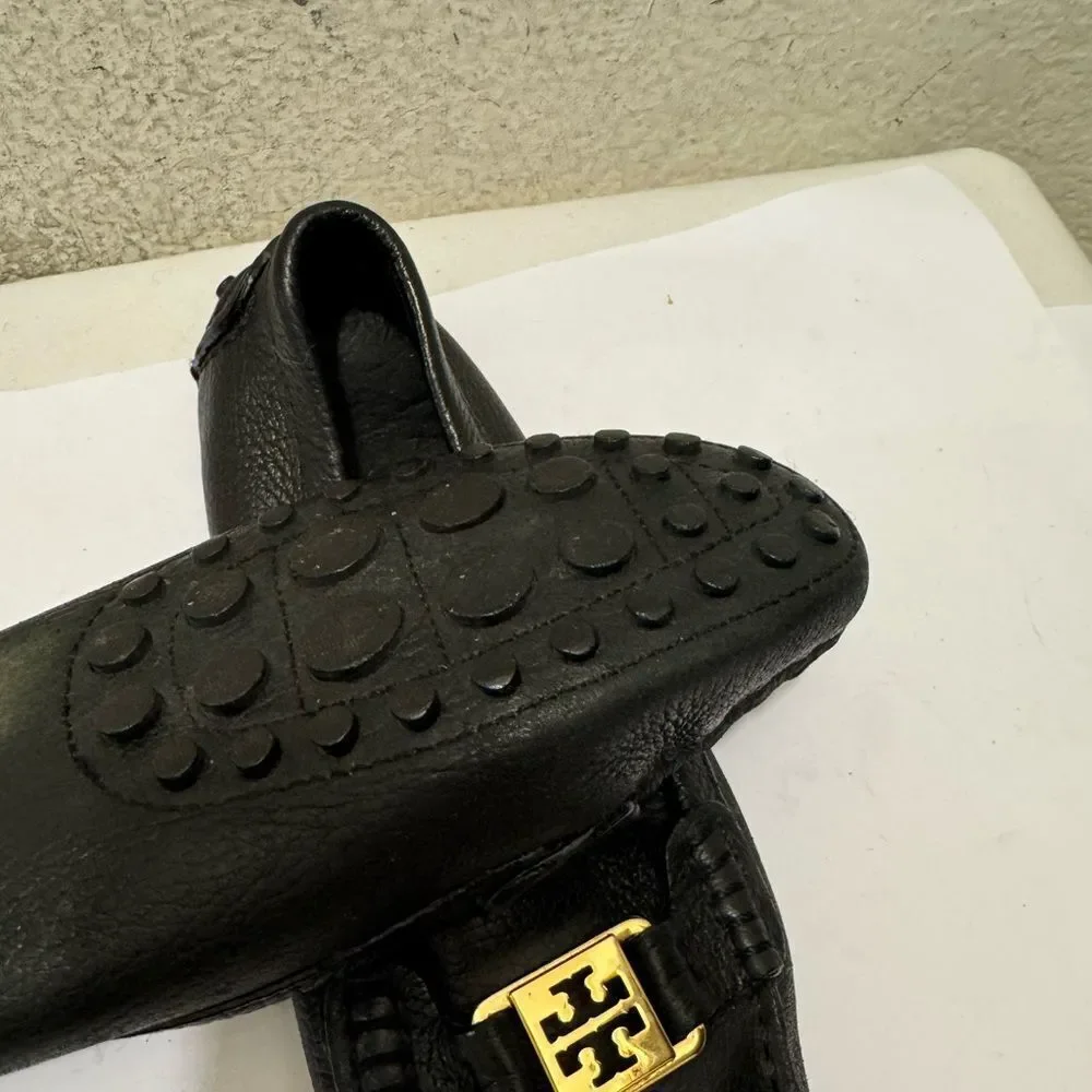 Tory Burch Black Leather Loafers with Gold Accent